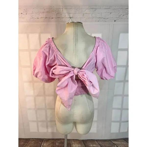 Anthropologie Mare Mare Pink Puff Sleeve Twist Front Bow Back Blouse Size XS - Image 4