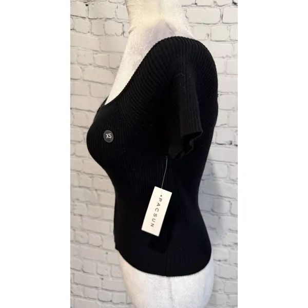 NWT PAC SUN LA Hearts Black Off-The-Shoulder Button Front Sweater Size XS - Image 3