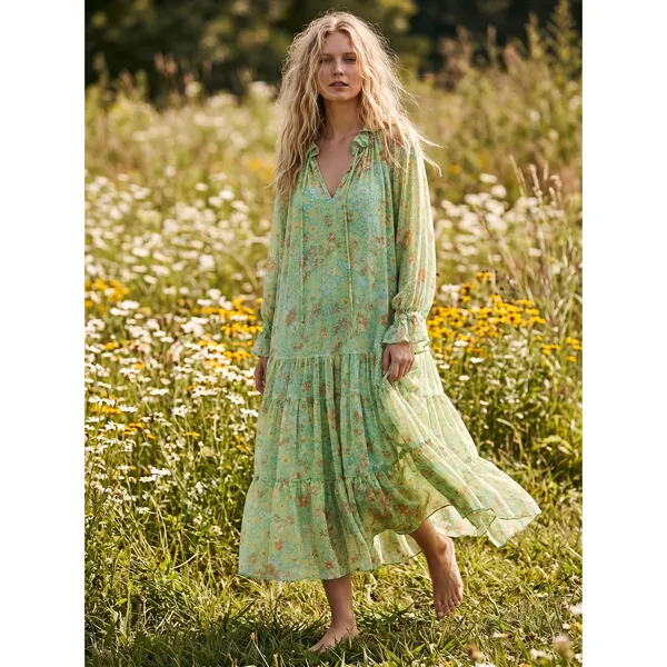 Free People Feeling Groovy Maxi Dress Size XS 70s Chartreuse Floral Bohemian - Image 2