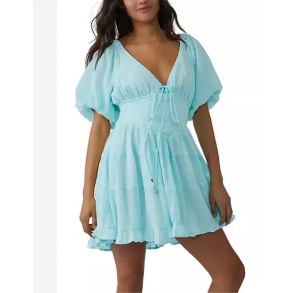 Free People perfect day mini dress Sz M NWT $108 retail Smocked Puff Sleeves - Image 4