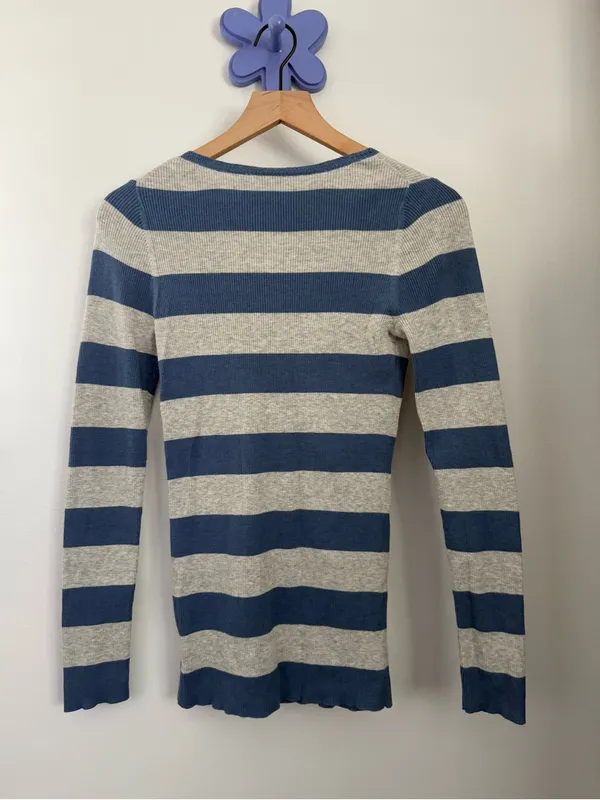 Theory Large Blue Grey Stripe Long Sleeve V Neck Grunge Fitted Skater 2000s - Image 3
