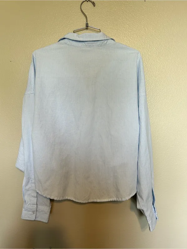 Princess Polly Pale Blue Striped Relaxed Coastal Button-Down Shirt Size 6 - Image 3