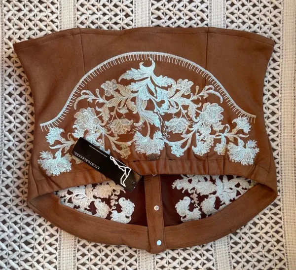 Lucky & Blessed Camel Stretch Suede Floral Embroidered Top - Image 2