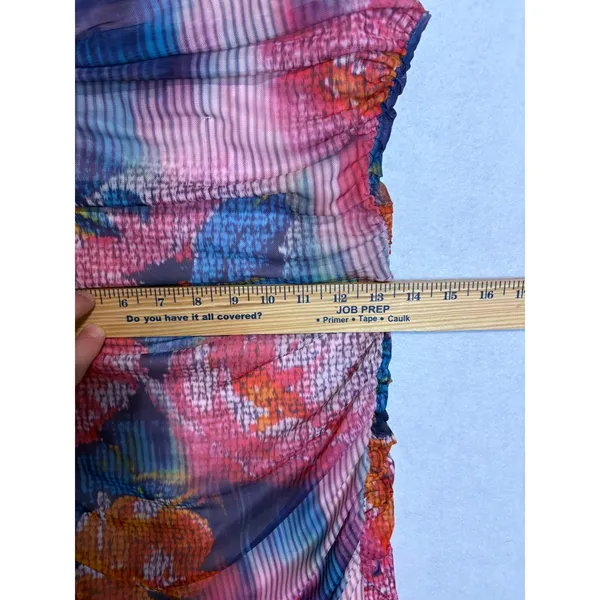 Anthropologie The Soleil Slim Strapless Ruched Mesh Midi‎ Dress Pink Abstract - Image 10