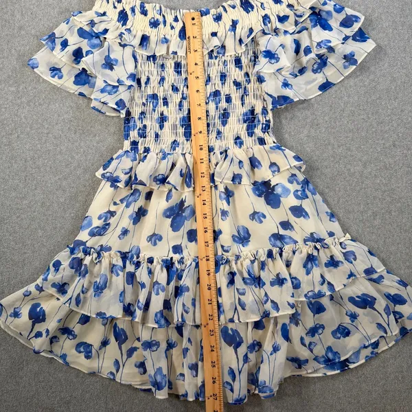 MISA Los Angeles Size Small Blue Floral Smocked Off-Shoulder Mini Dress Ruffle - Image 5
