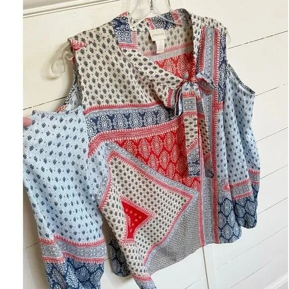 Chicos Cold Shoulder‎ Tie Neck Patchwork Blouse Red White Blue Size 2 Large - Image 6