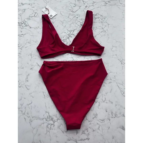 New Quince Cherry Red Italian Plunge Bikini Top & High Rise High Leg Bottom Set - Image 2