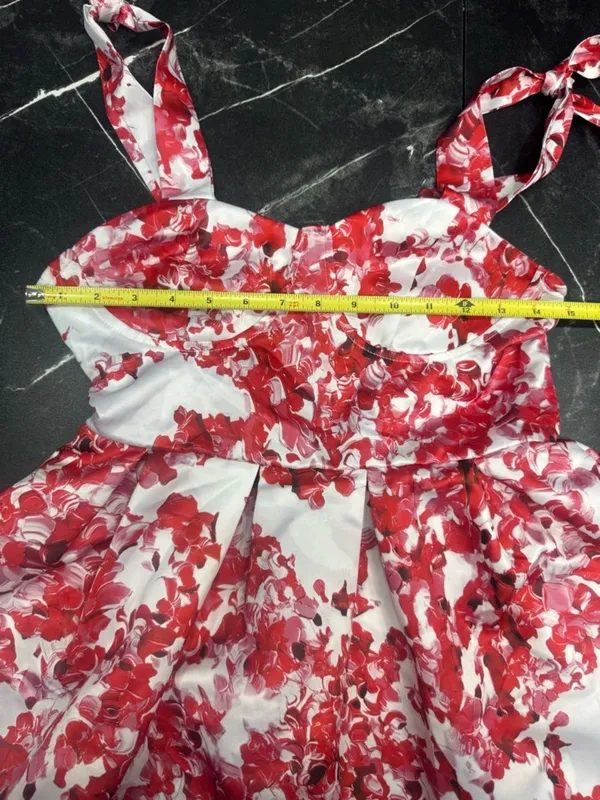 Source Unknown White Red Floral Mini Dress XS Tie Strap Sweetheart Summer Flowy Cute - Image 8