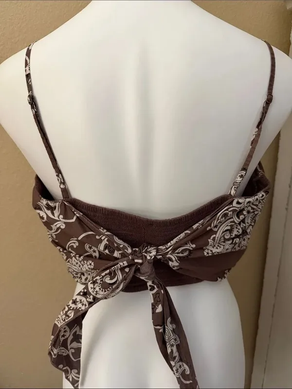 American Eagle Brown Printed Spaghetti Strap Smocked Camisole - Image 5
