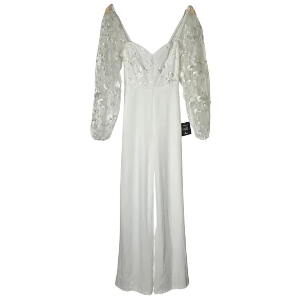 Lulus Darling Charisma White Mesh Embroidered Jumpsuit 9J2773 XS Wedding Bridal - Image 3