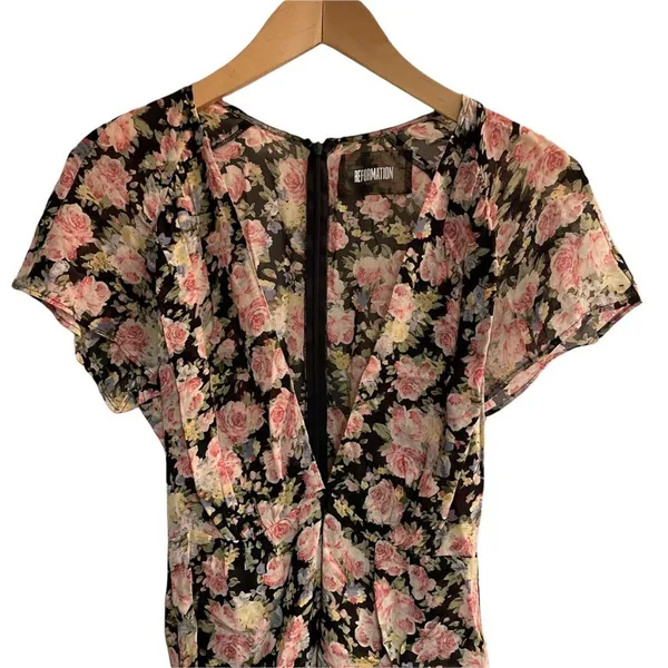 Reformation Plunging Floral Mini Dress Pink Roses - Image 2