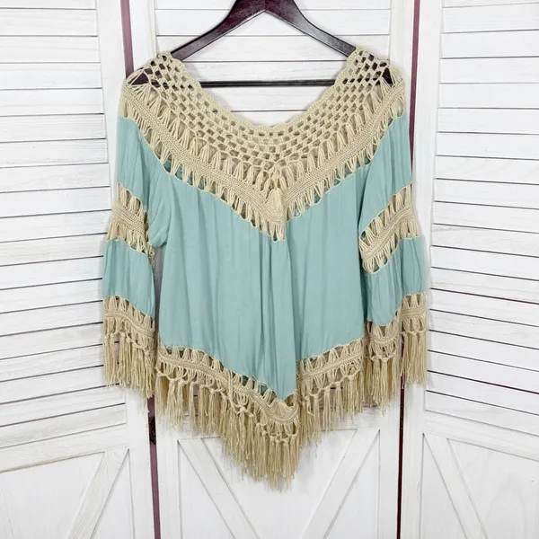 UMGEE Boho Peasant Crochet Fringe Hem Triangle Top‎ Teal Green Tan Large Hippie - Image 10