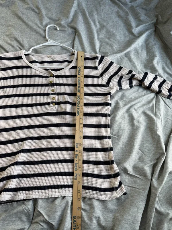 J. Crew Womens Waffle Thermal Henley Top Shirt Striped Blue Ivory Gold Button M - Image 10