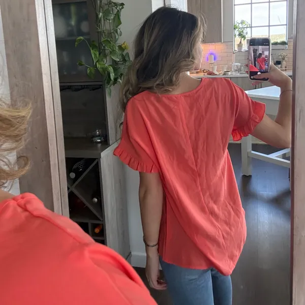 Orange/Red Ruffle Sleeve Top (Size Medium) Red - Image 3