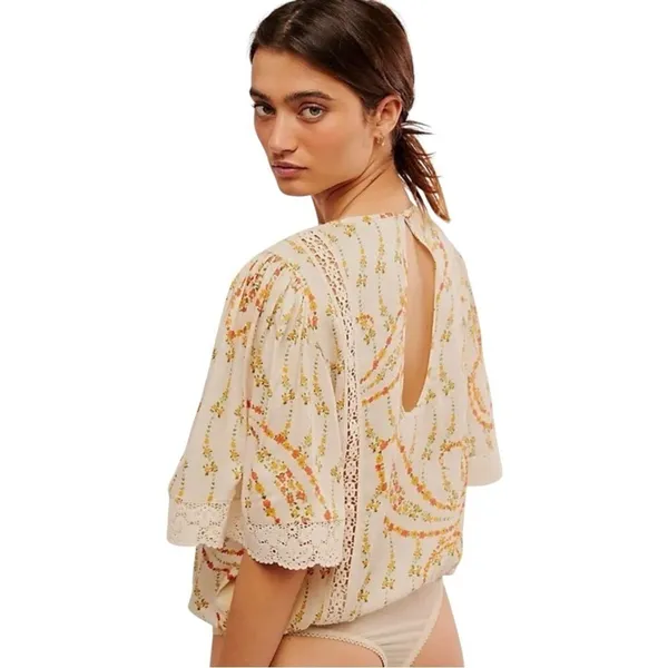 Free People Bali Tate Blousy Bodysuit Floral Top Tapioca Boho‎ Crochet XS - Image 3