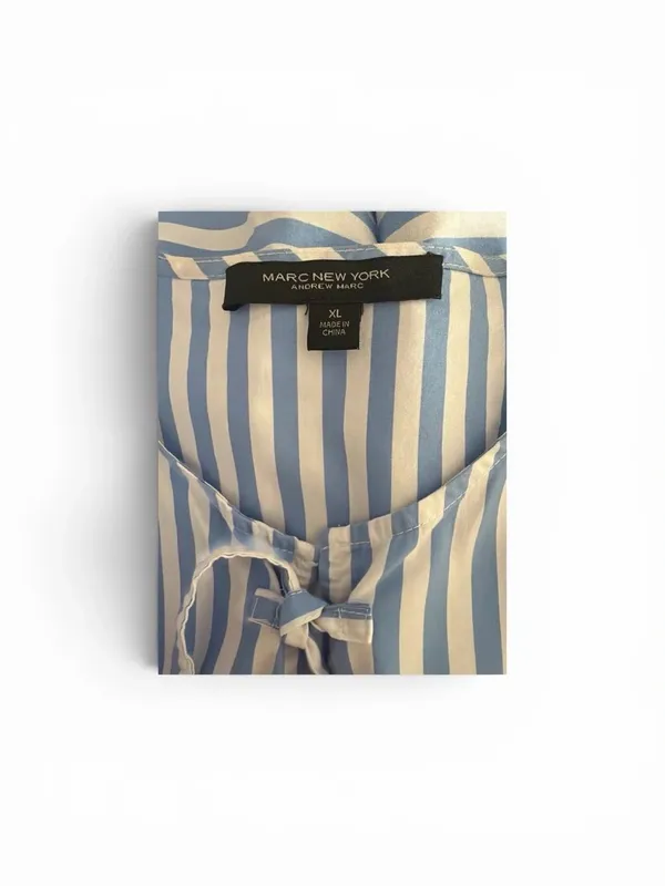 Blue and White Striped Puff-Sleeve Tie-Front Peplum Blouse - Image 2