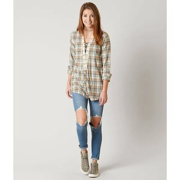 Gimmicks by BKE Neutral Color Plaid Lace Up Front Shirt Oversized Small - Image 9