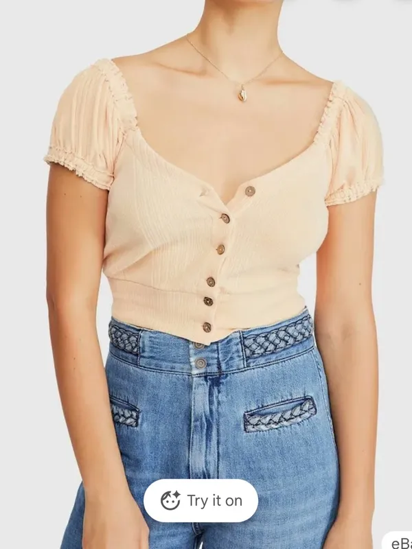Free People shirt Puff-Sleeve Button Sz L - Image 3