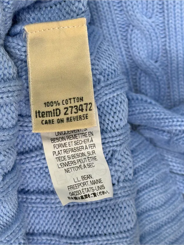 L.L.Bean Blue Cable Knit Collared V Neck 100% Cotton Sweater Heritage Classic‎ - Image 8
