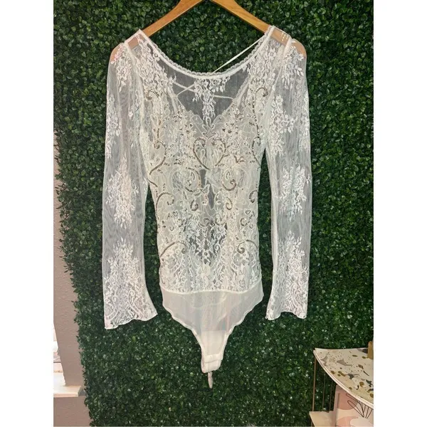 NWT $168 FREE PEOPLE Ready To Party Bodysuit White Embellished Lace Mesh Sheer S - Image 5