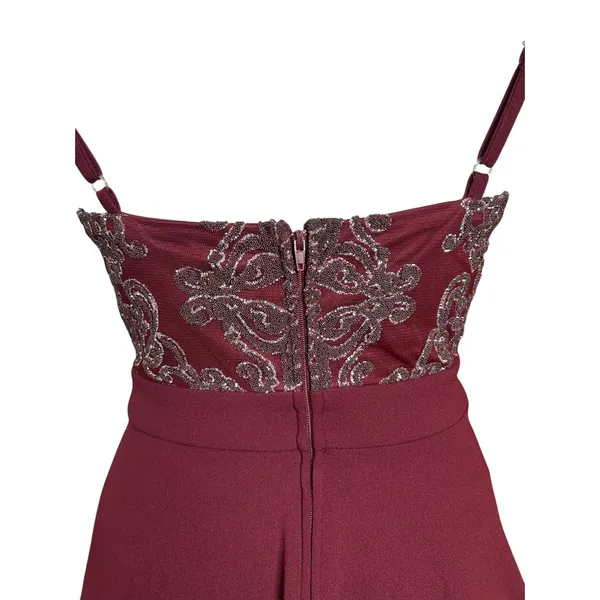 Speechless Burgundy Glitter Lace Fit & Flare Party Dress Size 5 High Neck - Image 11
