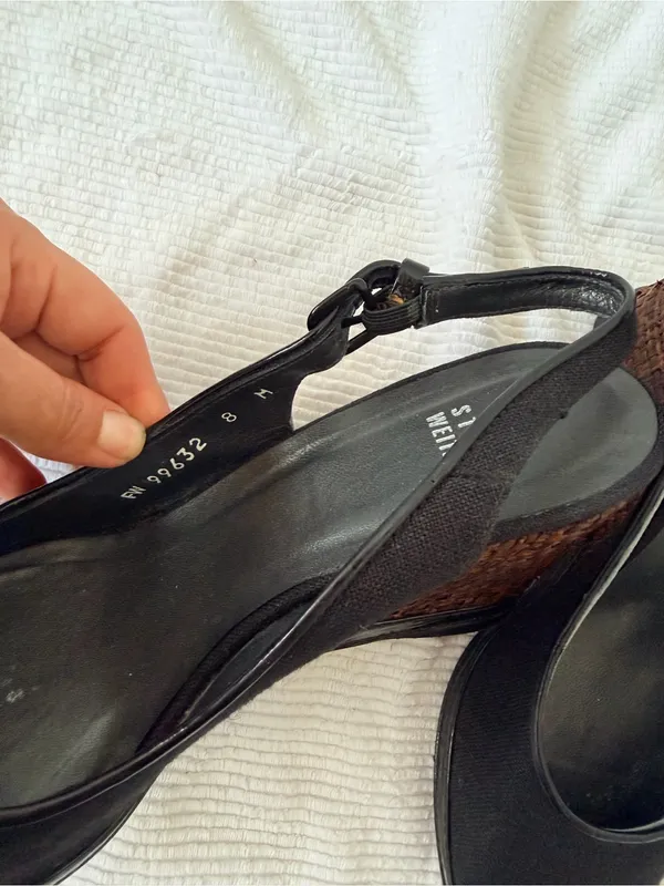 Stuart Weitzman Black linen Peep-Toe Slingback Wedges with Brown Woven Heel - Image 6