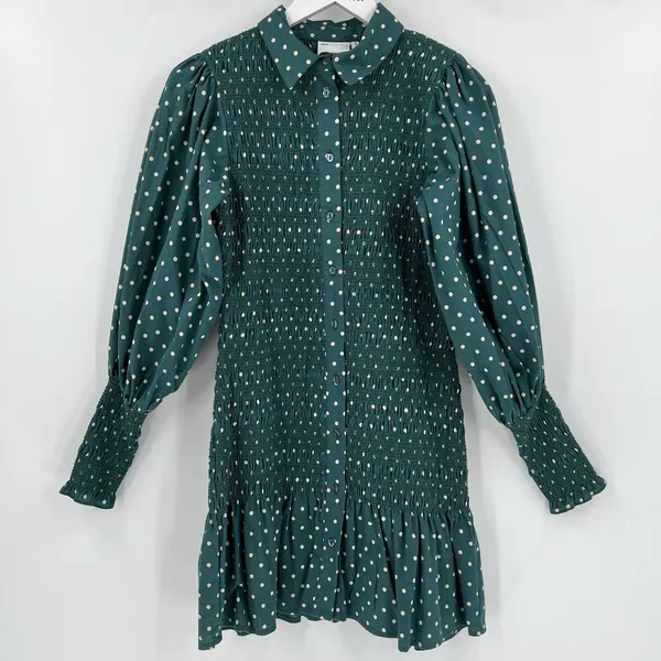 ASOS Smocked Polka Dot‎ Green Mini Dress Long Sleeves Collared Button Size 4 - Image 2