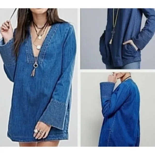 Free People Dreaming Of Denim Hendrix Tunic Oversized Women’s Sz S Denim Blue - Image 5