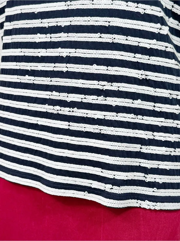 Lauren Ralph Lauren Sequin Striped Cap Sleeve Top Blue White Large Nautical - Image 6