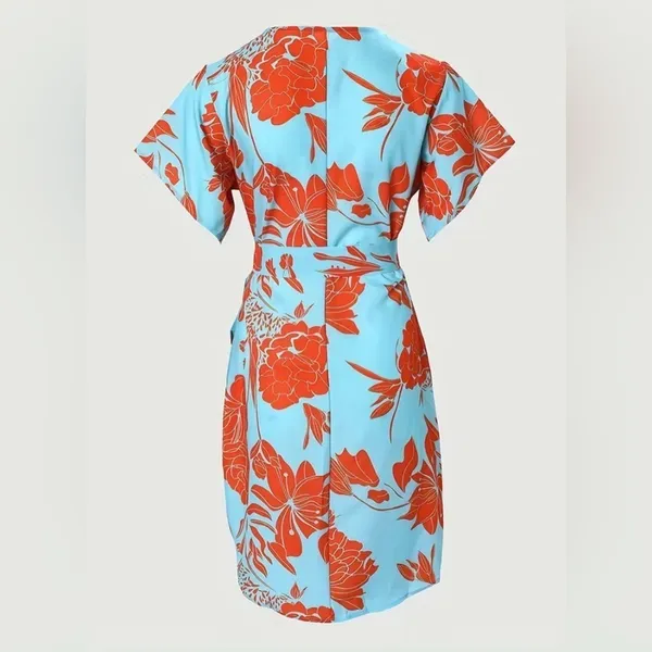 Plant Print V Neck Casual Asymmetrical Hem Tie Waist Dress - Image 2