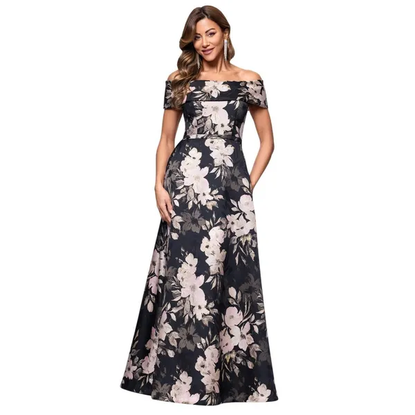 XSCAPE Womens Metallic Jacquard Off-The-Shoulder Gown 6941X Black Rose Multi 4 - Image 7
