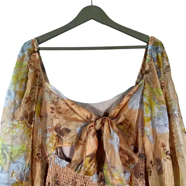 Here Comes The Sun Floral Smocked Balloon Sleeve Back Tie Mini Dress Orange Sz M - Image 5