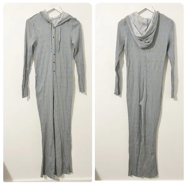 Free People Lil Bit Lou Floral Flare Long John's Jumpsuit Blue Size Small S - Image 2