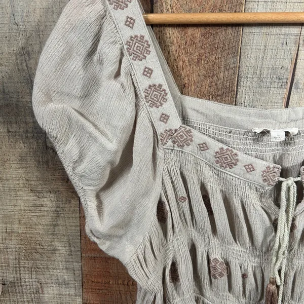 ODDI Boho Peasant Blouse Large Cream Embroidered Tassel Tie Cottagecore Top - Image 2
