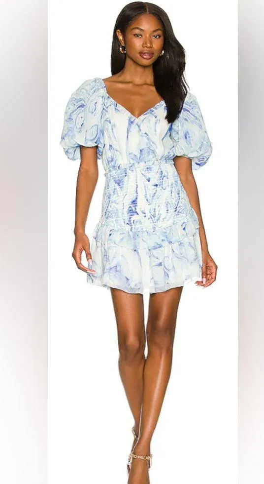 Saylor Violette Mini Dress Ultramarine Puff Sleeves Smocked Tiered Ruffle Small - Image 3