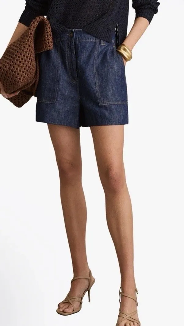 Reiss Ashby Linen Shorts Denim High Waisted Sz 2 NWT $175 - Image 2