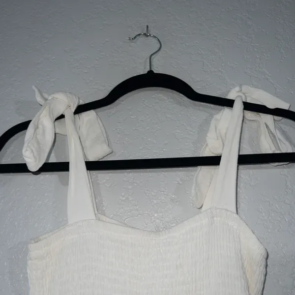 O.Vianca White Smocked Tie Shoulder Mini Dress Size Medium - Image 3