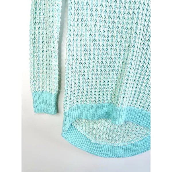 POOF! Womens Size S Open Knit V-Neck Sweater Aqua Blue White Hi-Low Boho Coastal - Image 5