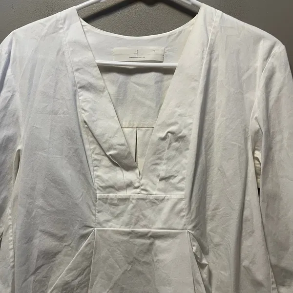 Thakoon Addition Stretch‎ Cotton Top White V-Neck 2 Long Sleeve Pleats - Image 3