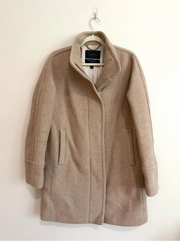 J. Crew Stadium Cloth Wool Cocoon Funnel Neck Pea Coat in Camel Beige Sz 8 - Image 2