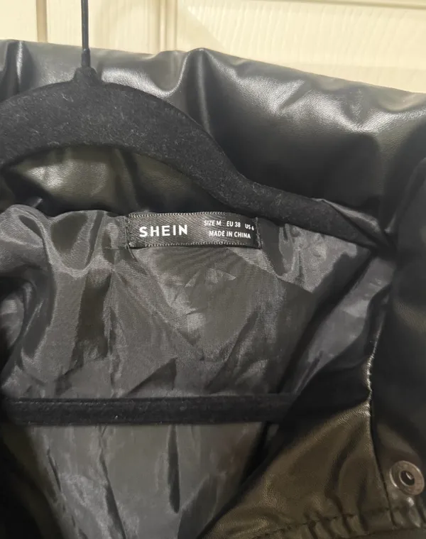 SHEIN Black Faux Leather Cropped Puffer Jacket M - Image 2