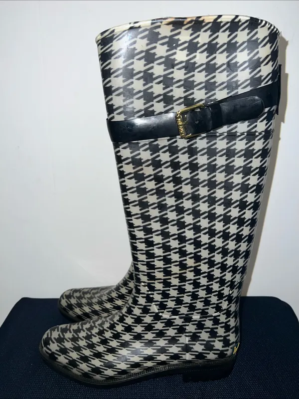 Lauren Ralph Lauren Black and White Houndstooth Knee-High Rain Boots Size 8B - Image 5