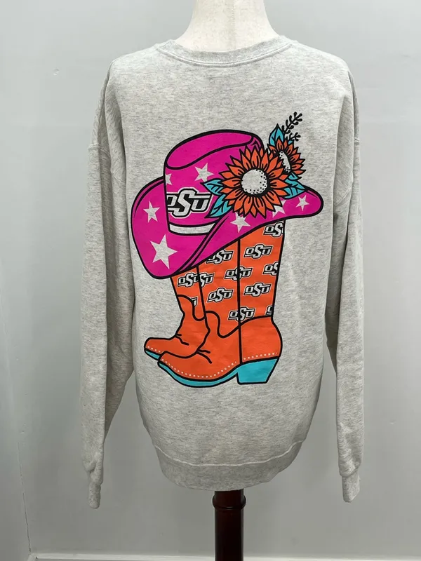 Jerzees Oklahoma State OSU Cowboy Boot Sunflower Western Women’s Sweatshirt Medium - Image 4