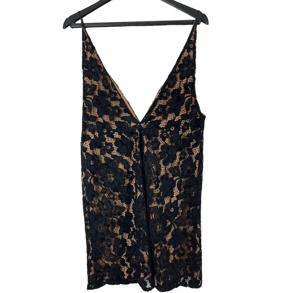 Free People Sleeveless Black Lace Tan Deep V-neck Mini Dress 8 NWT - Image 2
