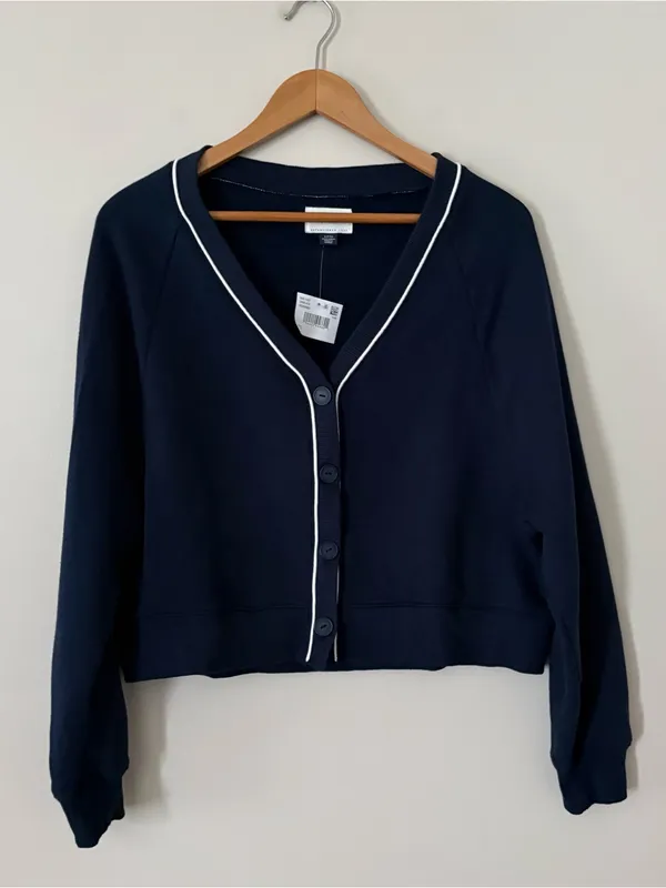 American Eagle Navy Cropped Cardigan Sweater White Trim Button Front Preppy S - Image 8