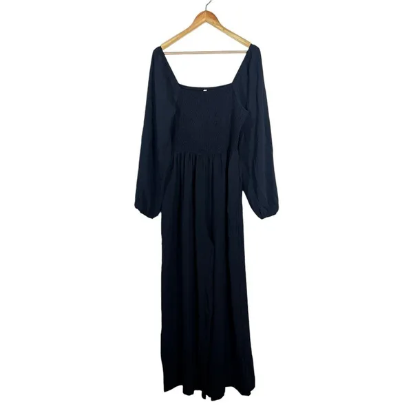 NWT Dokotoo Wide Leg Smocked Square Neck Jumpsuit Solid Black Minimalist Size L - Image 2