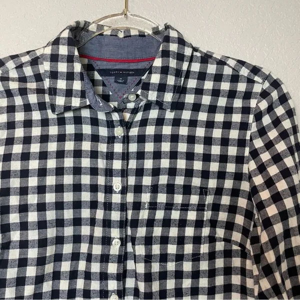 TOMMY HILFIGER Navy & Cream Gingham Button Down Collared Top Size M - Image 8