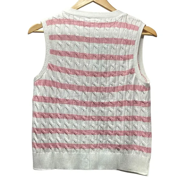 Wiholl cable knit sleeveless sweater. Pink on ivory stripes. Size Small - Image 3