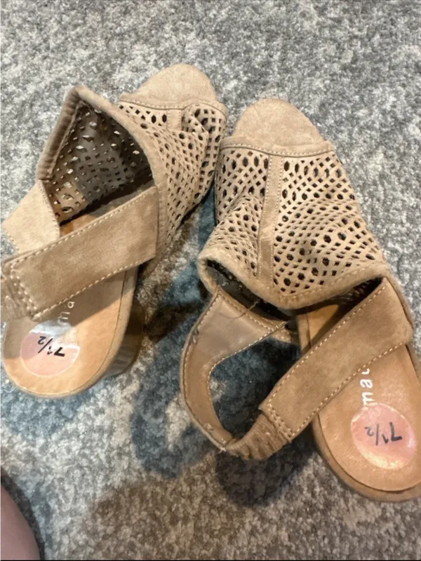 Women's Taupe Perforated Block Heel Sandals - Image 5