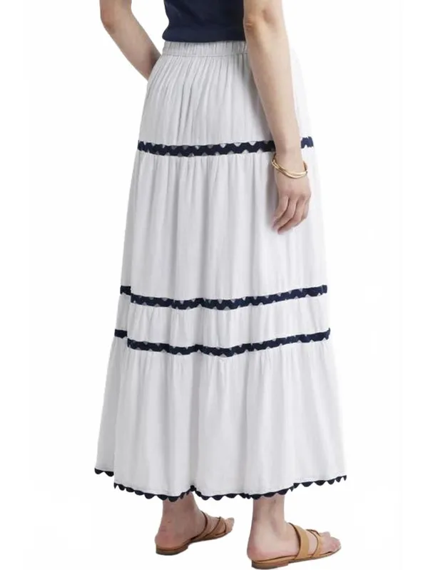 Caslon Rickrack Trim Linen Blend Tiered Maxi Skirt NWT White Navy Large - Image 2